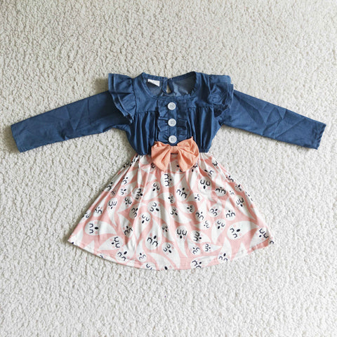 Halloween Ghost Denim Bow Long Sleeves Girl's Dress