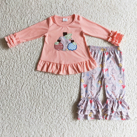 Fall Embroidery Pumpkin Ruffled  Girl's Set