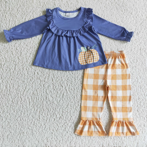 Fall Pumpkin Blue Orange Plaid Cute Girl's Set