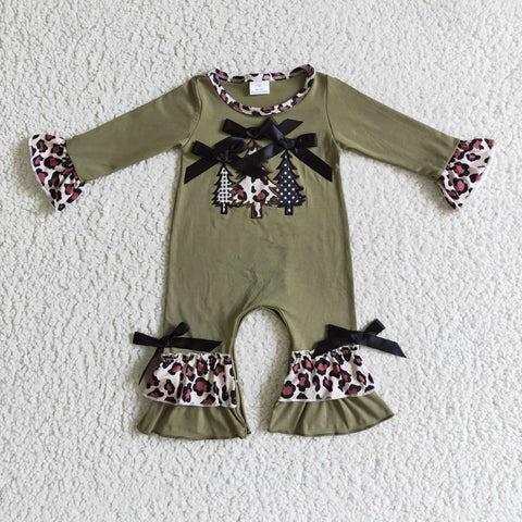 Embroidery Leopard Army Green Trees Baby Cute Girl's Romper