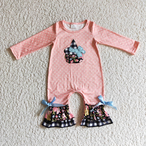 Embroidery Hat Flower Pink Dots Ruffled Plaid Baby Cute Girl's Romper