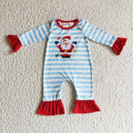 Embroidery HOHOHO Christmas Santa Claus Blue Stripe Baby Cute Girl's Romper