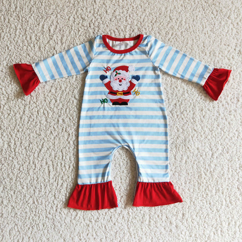 Embroidery HOHOHO Christmas Santa Claus Blue Stripe Baby Cute Girl's Romper