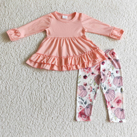 Fall Pumpkin Ruffled Pink Flower Girl's Set