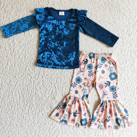 Boutique Flower Gold Velvet Ruffled Blue Cute Girl's Set