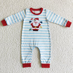 HOHOHO Christmas Embroidery Santa Claus Blue Stripe Baby Cute Boy's Romper