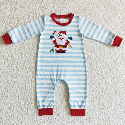 HOHOHO Christmas Embroidery Santa Claus Blue Stripe Baby Cute Boy's Romper