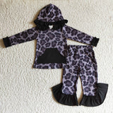 GLP0255 Boutique New Leopard Ruffled Black Hoodie Girl's Set