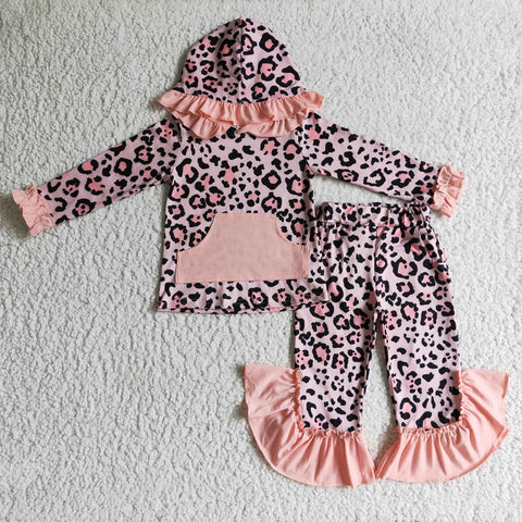 GLP0254 Boutique New Leopard Ruffled Pink Hoodie Girl's Set