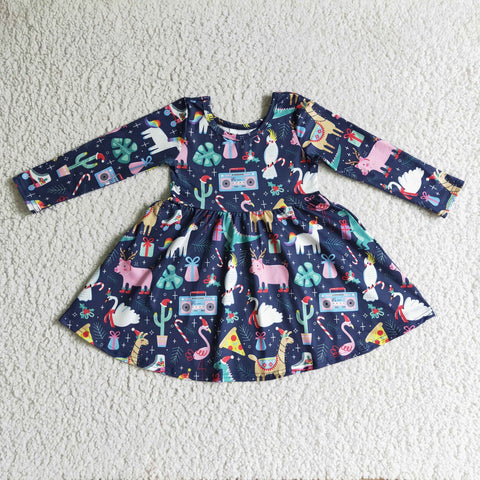 SALE GLD0135 Christmas Dinosaur Navy Cute Girl's Dress Amy yu garments wholesale SALE GLD0135 Christmas Dinosaur Navy Cute Girl's Dress Amy yu garments wholesale