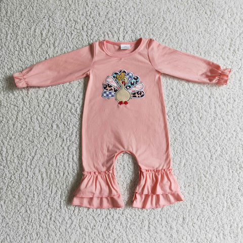 Thanksgiving Embroidery Turkey Leopard Ruffled Baby Cute Girl's Romper
