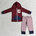 Football New Wine Red Dark Blue Stripe Hoodie With Zipper Boy's Set