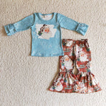SALE GLP0258  Merry Christmas Cowboy Santa Brown Blue Girl's Set
