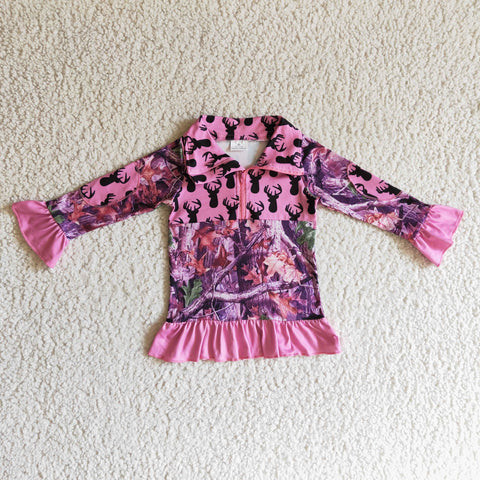 Boutique Deer Camo Pullover Pink Hunting With Zipper Girl's Shirt Top