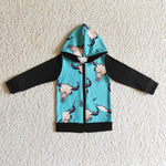 SALE BT0083  Western Bull Skull Blue Black Hoodie Zipper Boy's Coat