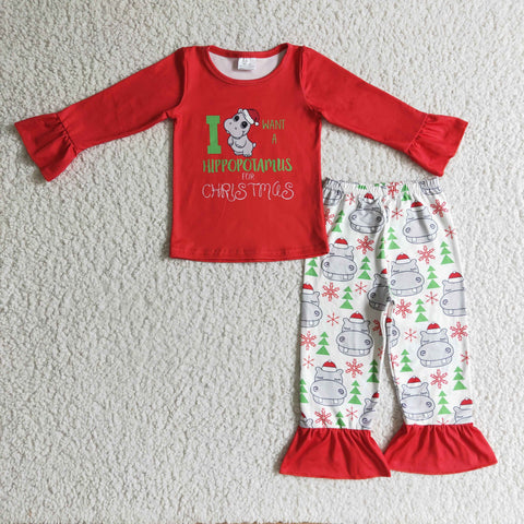 Christmas Hippo Animal Red Girl's Set