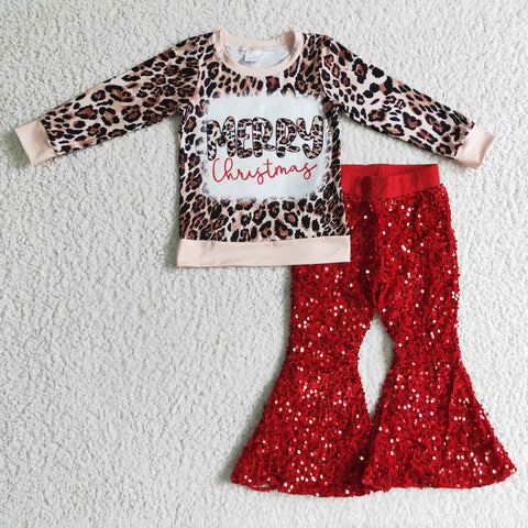 Merry Christmas Leopard Sequin Red Girl's Set