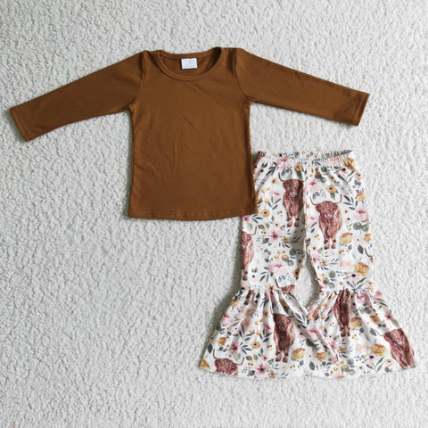 Western Cow Flower Floral Brown Cotton Girl's Set