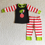 Embroidery Christmas Red Stripe Light Green Boy's Set Pajamas