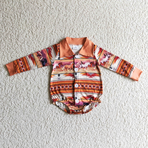 Western Horse Khaki Stripe Baby Bubble Girl's Romper