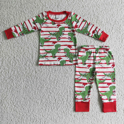 Christmas Dinosaur Green Red Stripe Boy's Set Pajamas