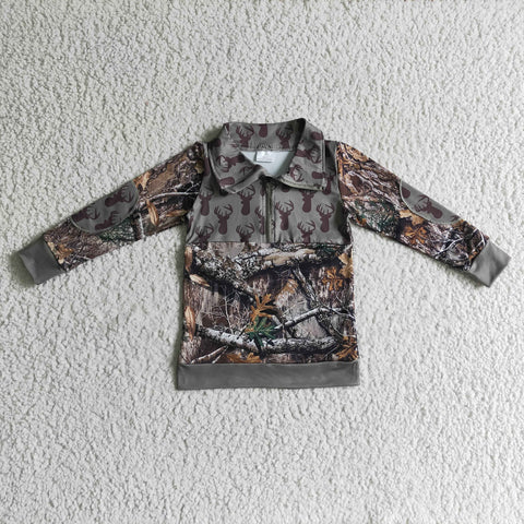 Boutique Deer Camo Pullover Army Green Hunting With Zipper Boy's Shirt Top