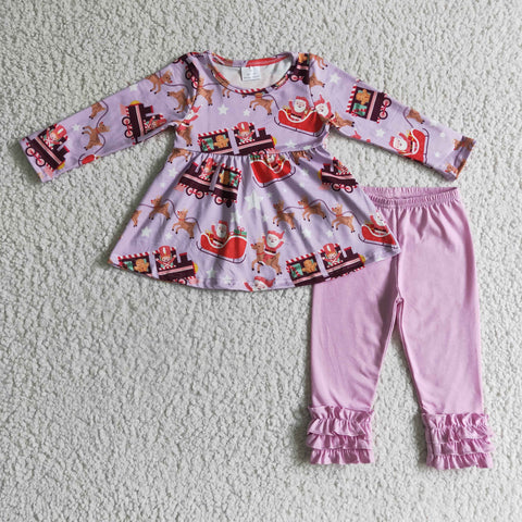 Christmas Santa Elk Cart Purple Girl's Set