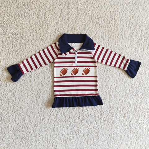 New Wine Red Dark Pullover Blue Stripe With Zipper Football Girl's Shirt Top