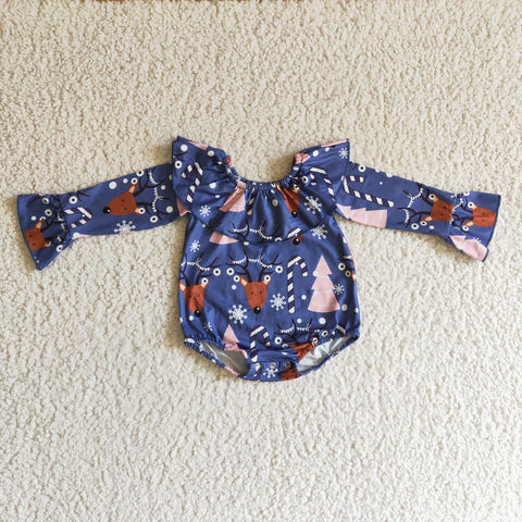 Christmas Deer Trees Navy Blue Cute Baby Bubble Girl's Romper