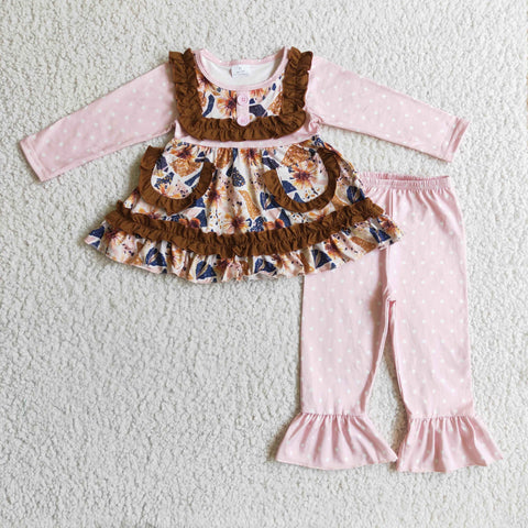 Boutique Ruffles Flower Floral Pink Dots Pockets Girl's Set