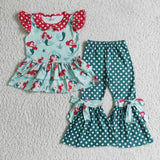 Boutique Princess Green Dots Ruffles Bow Cute Girl's Set