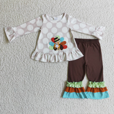 Embroidery Thanksgiving Turkey Dots Brown Girl's Set