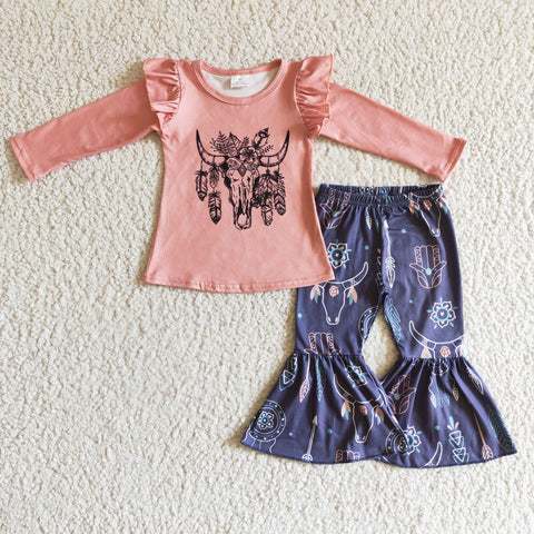 New Western Skull Bull Cow Pink Girl's Set