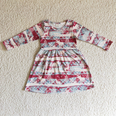 SALE GLD0116 Christmas Green Red Elk Snowflake Girl's Dress