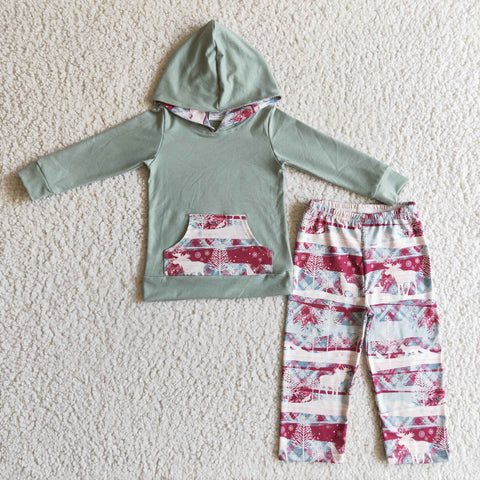 SALE BLP0102 Christmas Green Red Elk Snowflake Hoodie Pocket Boy's Set