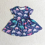 SALE A0-12 Dinosaur Blue Short Sleeves Girl's dress