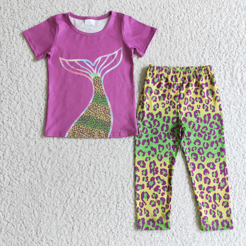 New Purple Mermaid Colorful Leopard Girl's Set