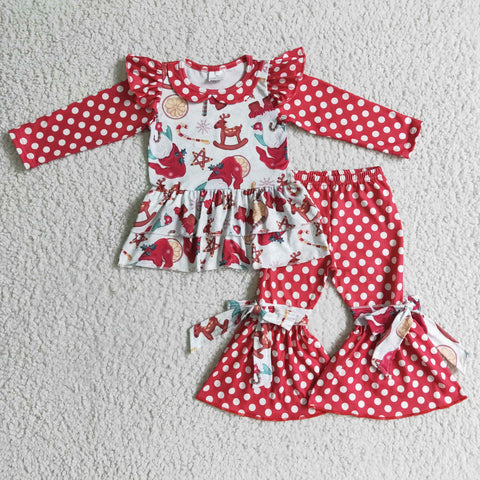 Boutique Christmas Red Dots Ruffles Bow Cute Girl's Set