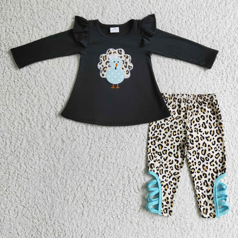 Embroidery Thanksgiving Turkey Leopard Ruffled Blue Cute Girl's Set