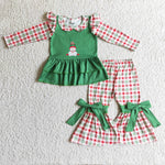 Merry Christmas Snowman Green Bow Ruffles Girl's Boy's Matching Clothes