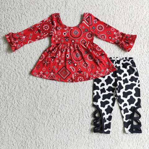New Red Floral Pattern Cow Ruffles Girl's Set