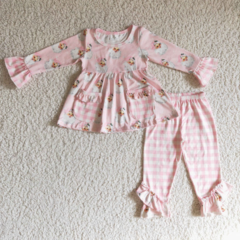 Christmas Santa Pink Plaid Pockets Cute Ruffles Girl's Set