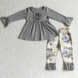 Girl's Gray With Buttons Floral Ruffles Colorful Outifts