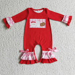 LR0188 Christmas Cookie Santa Milk Red Candy Cane Pink Plaid Baby Cute Girl's Romper