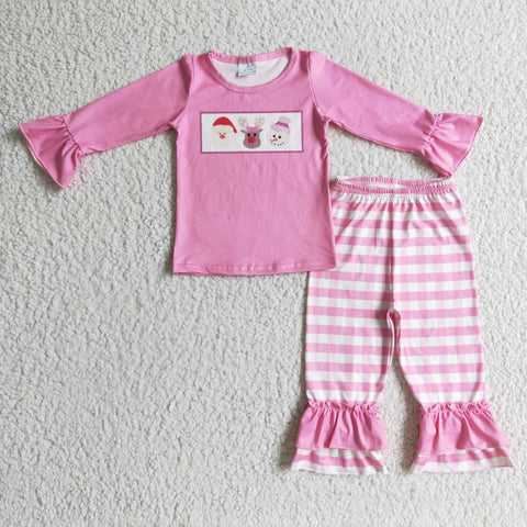 SALE GLP0315  Christmas Santa Snowman Pink Plaid Girl's Set