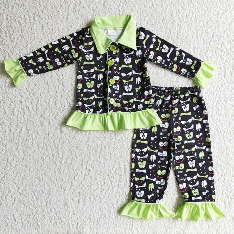 Merry Christmas Green Buttons Girl's Set Pajamas