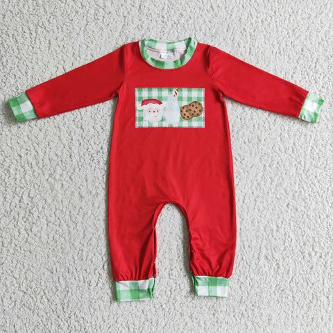 LR0189 Christmas Cookie Santa Milk Red Candy Cane Pink Plaid Baby Cute Boy's Romper