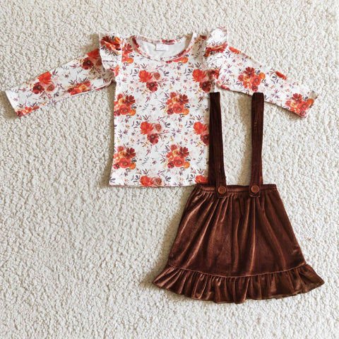 New Fall Flower Gold Velvet Skirt Overalls Girl's Dress