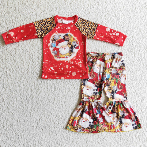 Christmas Santa Leopard Splicing Design Girl's Set