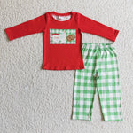 BLP0109 Christmas Cookie Santa Milk Red Candy Cane Plaid Boy's Set Pajamas